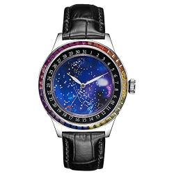 GZFCMY JINLERY Herren Automatische Selbstaufziehung Mechanische Edelstahl Leder Glück Sternenhimmel Karpfen Zifferblatt Armbanduhr Saphir Kristall Wasserdichte Uhr Strass Lünette, J9055p, bunt von GZFCMY