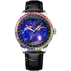 GZFCMY JINLERY Herren Automatische Selbstaufziehung Mechanische Edelstahl Leder Glück Sternenhimmel Karpfen Zifferblatt Armbanduhr Saphir Kristall Wasserdichte Uhr Strass Lünette, J9056p, bunt von GZFCMY