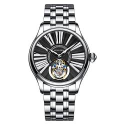 GZFCMY JINLERY Herren Skelett Tourbillon Armbanduhr Mechanische Handaufzug Edelstahl Leder Armbanduhr Saphir Kristall Manuell Wind Hohluhr Männlich Leuchtend, J9064g1 Silber Schwarz von GZFCMY