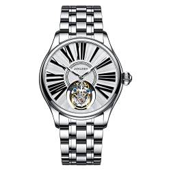 GZFCMY JINLERY Herren Skelett Tourbillon Armbanduhr Mechanische Handaufzug Edelstahl Leder Armbanduhr Saphir Kristall Manuell Wind Hohluhr Männlich Leuchtend, J9064g2 Silber Weiß Schwarz von GZFCMY