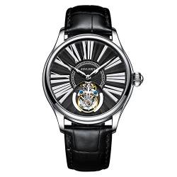 GZFCMY JINLERY Herren Skelett Tourbillon Armbanduhr Mechanische Handaufzug Edelstahl Leder Armbanduhr Saphir Kristall Manuell Wind Hohluhr Männlich Leuchtend, J9064p1 Silber Schwarz von GZFCMY