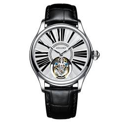 GZFCMY JINLERY Herren Skelett Tourbillon Armbanduhr Mechanische Handaufzug Edelstahl Leder Armbanduhr Saphir Kristall Manuell Wind Hohluhr Männlich Leuchtend, J9064p2 Silber Weiß Schwarz von GZFCMY