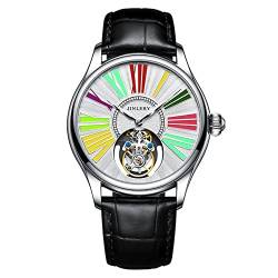 GZFCMY JINLERY Herren Skelett Tourbillon Armbanduhr Mechanische Handaufzug Edelstahl Leder Armbanduhr Saphir Kristall Manuell Wind Hohluhr Männlich Leuchtend, J9064p3 Silber Weiß Bunt von GZFCMY