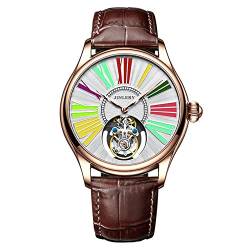 GZFCMY JINLERY Herren Skelett Tourbillon Armbanduhr Mechanische Handaufzug Edelstahl Leder Armbanduhr Saphir Kristall Manuell Wind Hohluhr Männlich Leuchtend, J9064p4 Rose Weiß Braun von GZFCMY