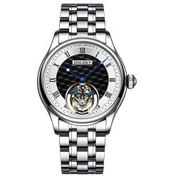 GZFCMY JINLERY Herren Skelett Tourbillon Armbanduhr Mechanischer Handaufzug Edelstahl Leder Schwungrad Armbanduhr Saphir Kristall Manuell Wind Hohluhr Männlich Leuchtend, J9065g1 Silber Weiß Schwarz von GZFCMY