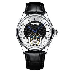 GZFCMY JINLERY Herren Skelett Tourbillon Armbanduhr Mechanischer Handaufzug Edelstahl Leder Schwungrad Armbanduhr Saphir Kristall Manuell Wind Hohluhr Männlich Leuchtend, J9065p1 Silber Weiß Schwarz von GZFCMY