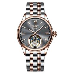 GZFCMY JINLERY Herren Tourbillon Armbanduhr Skelett Mechanischer Handaufzug Edelstahl Leder Armbanduhr Saphir Kristall Manuell Wind Hohluhr Männlich Leuchtend, J9061g3 Silber Rose Grau von GZFCMY