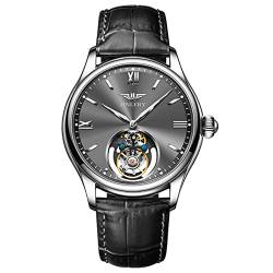 GZFCMY JINLERY Herren Tourbillon Armbanduhr Skelett Mechanischer Handaufzug Edelstahl Leder Armbanduhr Saphir Kristall Manuell Wind Hohluhr Männlich Leuchtend, J9061p1 Silber Grau Schwarz von GZFCMY