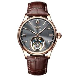 GZFCMY JINLERY Herren Tourbillon Armbanduhr Skelett Mechanischer Handaufzug Edelstahl Leder Armbanduhr Saphir Kristall Manuell Wind Hohluhr Männlich Leuchtend, J9061p3 Rose Grau Braun von GZFCMY