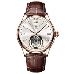 GZFCMY JINLERY Herren Tourbillon Armbanduhr Skelett Mechanischer Handaufzug Edelstahl Leder Armbanduhr Saphir Kristall Manuell Wind Hohluhr Männlich Leuchtend, J9061p4 Rose Weiß Braun von GZFCMY