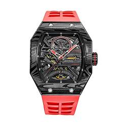 GZFCMY JINLERY Skelett Automatik Mechanische Herren Tourbillon Tonneau Armbanduhr Stahl Silikon Saphirglas Wasserdicht Richard Kinetic Hollow Clock Luminous, J9043j4 Rot / Schwarz, Armband von GZFCMY