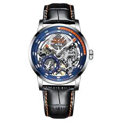 GZFCMY JINLERY Skelett Automatik Selbstaufzug Mechanische Herren Tourbillon Armbanduhr Business Edelstahl Leder Saphirglas Wasserdicht Uhr Leuchtender Chronograph, J9033p1 Blau Orange Schwarz, Armband von GZFCMY