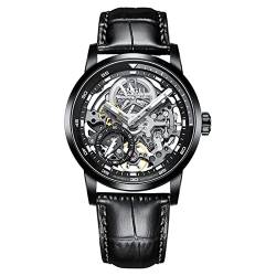 GZFCMY JINLERY Skelett Automatik Selbstaufzug Mechanische Herren Tourbillon Armbanduhr Business Edelstahl Leder Saphirglas Wasserdicht Uhr Leuchtender Chronograph, J9033p3 Schwarz, Armband von GZFCMY