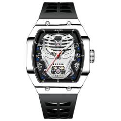 GZFCMY JINLERY Skelett Automatisch Mechanische Herren Tourbillon Tonneau Armbanduhr Kohlefaser Silikon Saphir Kristall Wasserdicht Leuchtende Iron Man Design Zifferblatt Hohle Uhr von GZFCMY