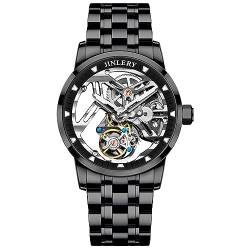 GZFCMY JINLERY Tourbillon Skelett Mechanische Hand Wind Vintage Armbanduhr Männer Saphir Kristall Diamant Business Hohl Leuchtende Uhr Mann Stahl Leder Armbanduhr, J9068g3 Schwarz Stahl, M von GZFCMY