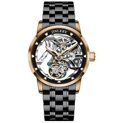 GZFCMY JINLERY Tourbillon Skelett Mechanische Hand Wind Vintage Armbanduhr Männer Saphir Kristall Diamant Business Hohl Leuchtende Uhr Mann Stahl Leder Armbanduhr, J9068g4 Rose Schwarz Stahl, M von GZFCMY