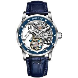 GZFCMY JINLERY Tourbillon Skelett Mechanische Hand Wind Vintage Armbanduhr Männer Saphir Kristall Diamant Business Hohl Leuchtende Uhr Mann Stahl Leder Armbanduhr, J9068p2 Silber Blau Leder, M von GZFCMY