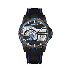 GZFCMY Olika Herren-Armbanduhr, automatisch, selbstaufziehend, mechanisch, leuchtend, Silikon/Edelstahlband, Sport-Armbanduhr, Skelett, Tourbillon, wasserdicht, Business-Uhr, Schwarz-blaues Silikon, von GZFCMY