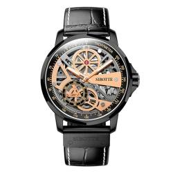 GZFCMY SIBOTTE Skelett japanisches Automatik-Uhrwerk 7570 Retro Herren Mechanische Business-Armbanduhr Stahl Echtes Leder Saphirglas Wasserdicht Uhr Leuchtend, Rosa / Schwarz, Retro von GZFCMY