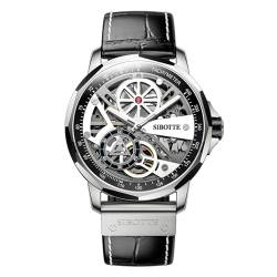 GZFCMY SIBOTTE Skelett japanisches Automatik-Uhrwerk 7570 Retro Herren Mechanische Business-Armbanduhr Stahl Echtes Leder Saphirglas Wasserdicht Uhr Leuchtend, weiß, Retro von GZFCMY