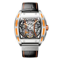 GZFCMY SIBOTTE Skelett japanisches Automatik-Uhrwerk 7570 Vintage Herren Mechanische Business-Armbanduhr Stahl Echtes Leder Saphirglas Wasserdicht Uhr Leuchtend, Orange, Retro von GZFCMY