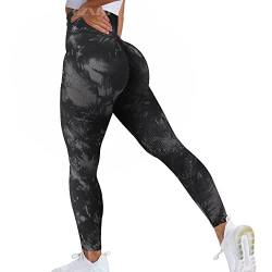 GZXISI Batik-Leggings für Damen, gerippte nahtlose Leggings, hohe Taille, Workout, Fitnessstudio, Yoga, Po-Strumpfhose (1#-Batikfärbung, Schwarz, Grau, L) von GZXISI