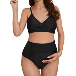 Bikini Umstandsmode Umstands-Badeanzug für Damen Tropischer Halter Umstandsbikini Boyshorts Schwangerschafts Bikini mit Hohe Taille Verstellbare Brust Badeanzug-Badebekleidungs-Set (21-Black, L) von GZYshoyao