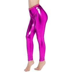Damen Metallic Leggings glänzende Hose mit hoher Taille Shiny Leggings im Wet Look Metallischer Hosen Silber Leggins für für Party Tanz Disco Kostüm Karneval Cosplay Ballett Tanz (Hot Pink, XXL) von GZYshoyao