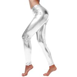 Damen Metallic Leggings glänzende Hose mit hoher Taille Shiny Leggings im Wet Look Metallischer Hosen Silber Leggins für für Party Tanz Disco Kostüm Karneval Cosplay Ballett Tanz (Silver, M) von GZYshoyao