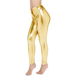 Damen Metallic Leggings glänzende Hose mit hoher Taille Shiny Leggings im Wet Look Metallischer Hosen Silber Leggins für für Party Tanz Disco Kostüm Karneval Cosplay Ballett Tanz (Yellow, L) von GZYshoyao