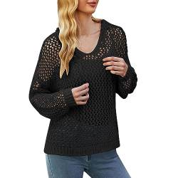 Damen Strickpullover Feinstrick Pullover mit Lochstrickmuster und V-Ausschnitt Streetwear Lochmuster Feinstrick Pulli Jumper Oberteile Tops Lässig Knit Fashion Sweater von GZYshoyao