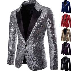 GZYshoyao Herren Pailletten Sakko Gold Glitzer Blazer Slim Fit Hochzeit Mantel Langarm Mantel Anzug Herrenjacke Performance-Kostüm für Hochzeit und Party (Silver, S) von GZYshoyao