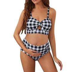 GZYshoyao Umstandsbikini Schwangerschafts Bikini Plaid Print Bademode mit Unterbauchhöschen und Neckholdertop Polstern, für Schwangerschaft und Stillzeit, extra elastisch Bauchweg (1-Grey, S) von GZYshoyao