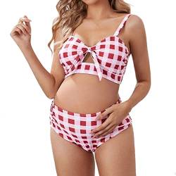 GZYshoyao Umstandsbikini Schwangerschafts Bikini Plaid Print Bademode mit Unterbauchhöschen und Neckholdertop Polstern, für Schwangerschaft und Stillzeit, extra elastisch Bauchweg (1-Pink, S) von GZYshoyao