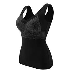 GZYshoyao Unterhemd mit BH Damen Winter Spitze BH Hemd Ohne Bügel mit Cups V-Ausschnitt Thermo Fleece Unterhemden Ärmellos Gefütterte Tank Top Eingebauter BH Damen Shape Unterhemden (1-Black, XXXL) von GZYshoyao