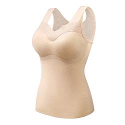 GZYshoyao Unterhemd mit BH Damen Winter Spitze BH Hemd Ohne Bügel mit Cups V-Ausschnitt Thermo Fleece Unterhemden Ärmellos Gefütterte Tank Top Eingebauter BH Damen Shape Unterhemden (Y1-Beige, L) von GZYshoyao