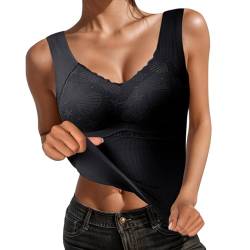 GZYshoyao Unterhemd mit BH Damen Winter Spitze BH Hemd Ohne Bügel mit Cups V-Ausschnitt Thermo Fleece Unterhemden Ärmellos Gefütterte Tank Top Eingebauter BH Damen Shape Unterhemden (w1-Black, L) von GZYshoyao