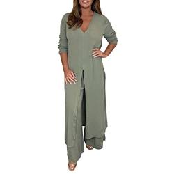 Hosenanzug Damen Lässiger 2-Teiler Anzug Mit Langem Chiffon Top & Passender Hose, 2-teiliges Damen-Outfit Mit V-Ausschnitt, Geschlitztem Saum, Langer Bluse Und Hose Mit Weitem Bein (Green, M) von GZYshoyao