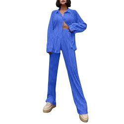 Plissee Damen Set, Zweiteiler Damen, Damen Zweiteiler Plissee Set Elegant Hosenanzug Langarm Bluse + Weites Bein Hose Sommer Herbst Outfit Casual Loungewear Streetwear Freizeithose Sommer (Blue, M) von GZYshoyao