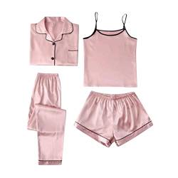 Schlafanzug Damen Pyjama Sets Satin Pajama Kurz 4-teiliges Sets für Frauen Gemütliche Nachthemd Schlafanzug Set Hausanzug Lingerie Nachtwäsche Vierteiliges Set für alle Jahreszeiten (B-Pink, M) von GZYshoyao