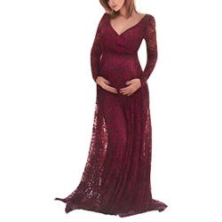 Schwangerschaftskleid Schwangerschafts Maxikleid Langes Schwangerschaft Spitze Frauen Elegant Schwangere Langarm Spitze Schulterfreies Kleidung Umstandskleid Fotoshooting Schwangere (Wine Red, L) von GZYshoyao