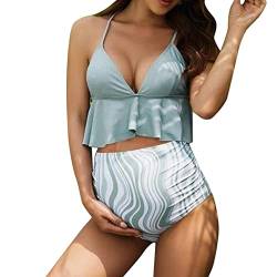 Umstandsbikini Damen Große Größen Swimsuit Schwangerschafts Bikini mit Unterbauchhöschen und Neckholdertop Polstern, für Schwangerschaft und Stillzeit, extra elastisch Umstandsmode (82-Light Blue, L) von GZYshoyao