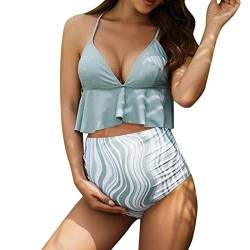 Umstandsbikini Damen Große Größen Swimsuit Schwangerschafts Bikini mit Unterbauchhöschen und Neckholdertop Polstern, für Schwangerschaft und Stillzeit, extra elastisch Umstandsmode (82-Light Blue, XL) von GZYshoyao