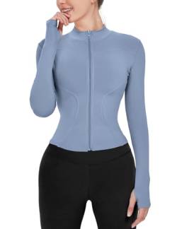 Gacaky Damen Slim Fit Leichte Athletic Full Zip Stretchy Workout Running Track Jacke mit Daumenlöchern, Grau, Blau, S von Gacaky