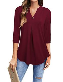 Gaharu Abendblusen Damen Festlich Elegant Arbeitsbluse Rot Oberteile Frauen Shirt V-Ausschnitt Langarm Longshirt Lässig Blusen & Tuniken für Damen 3/4 Arm Burgundy Bluse mit Stretch Weinrot,XXXL von Gaharu