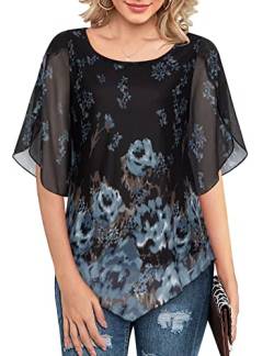 Gaharu Blumen Oberteil Damen Elegant Festlich Tunika Rundhals Shirt Halbarm für Damen Knitterbluse Damenbekleidung Oberteile Schick Abend Frauen Blusen Modern Sommer Abendblusen Schwarz Blumen,L von Gaharu