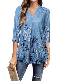 Gaharu Bluse 3/4 Arm Elegant Damen Oberteile A-Linie Lang Henley V-Ausschnitt Tunic Longshirt Frauen Longtunika Baumwolle Frühling Women Lässige Locker Strick Damenbluse Blaue Blumen, M von Gaharu