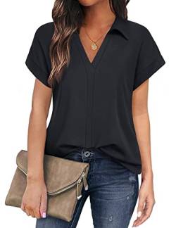 Gaharu Bluse Damen Sommer Leicht Locker Kurzarm Shirt Schwarz Elegant Blusen Arbeits Tshirt Lang Oberteil V-Ausschnitt Frauen Kleidung Modern Kurzarmbluse Stehkragen Sommershirts Luftig von Gaharu