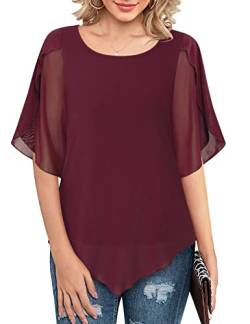 Gaharu Bluse Festlich Damen Hochzeit Oberteil Weite ärmel Abend Blusen & Tuniken für Damen Elegant Burgundy Business Casual Tunikashirt Halbarm Shirt Damen Lang Weich Plissiertes Bluse Dunkelrot,XXL von Gaharu