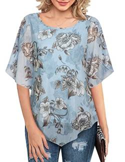 Gaharu Blusen Damen Sommer Halbarm Tunika für Damen Festlich Elegante Oberteile Top Abendmode Doppellagige Bluse mit Meshärmeln Knitterfreie Stretch Halbarmbluse Lässig Blumenbluse Blau Blumen,XXL von Gaharu